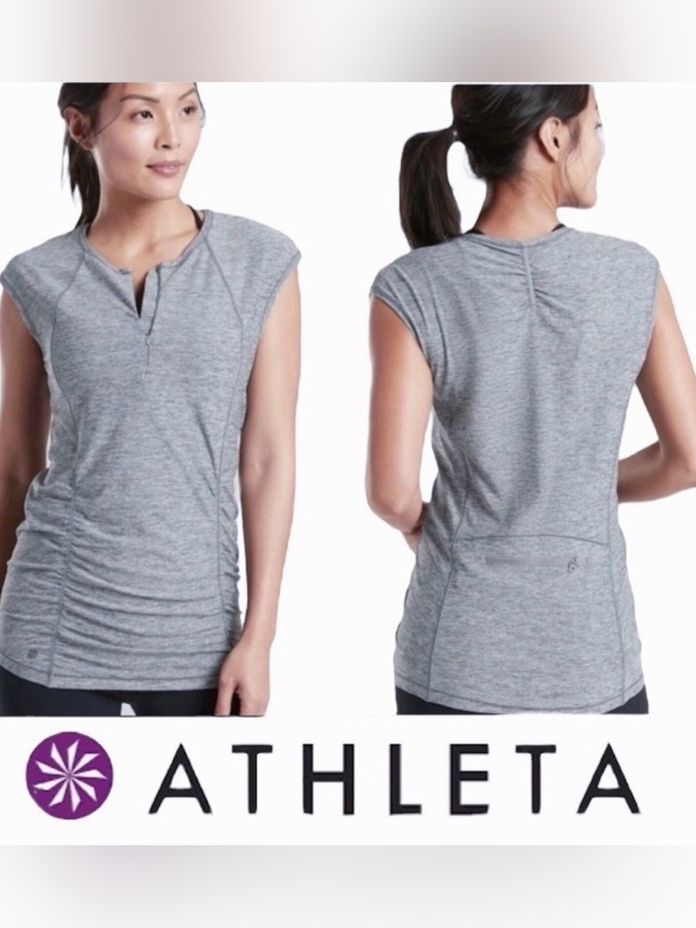 EUC Athleta Pacifica Heather Gray Ruched Cap-Sleeve Workout Tank size Large